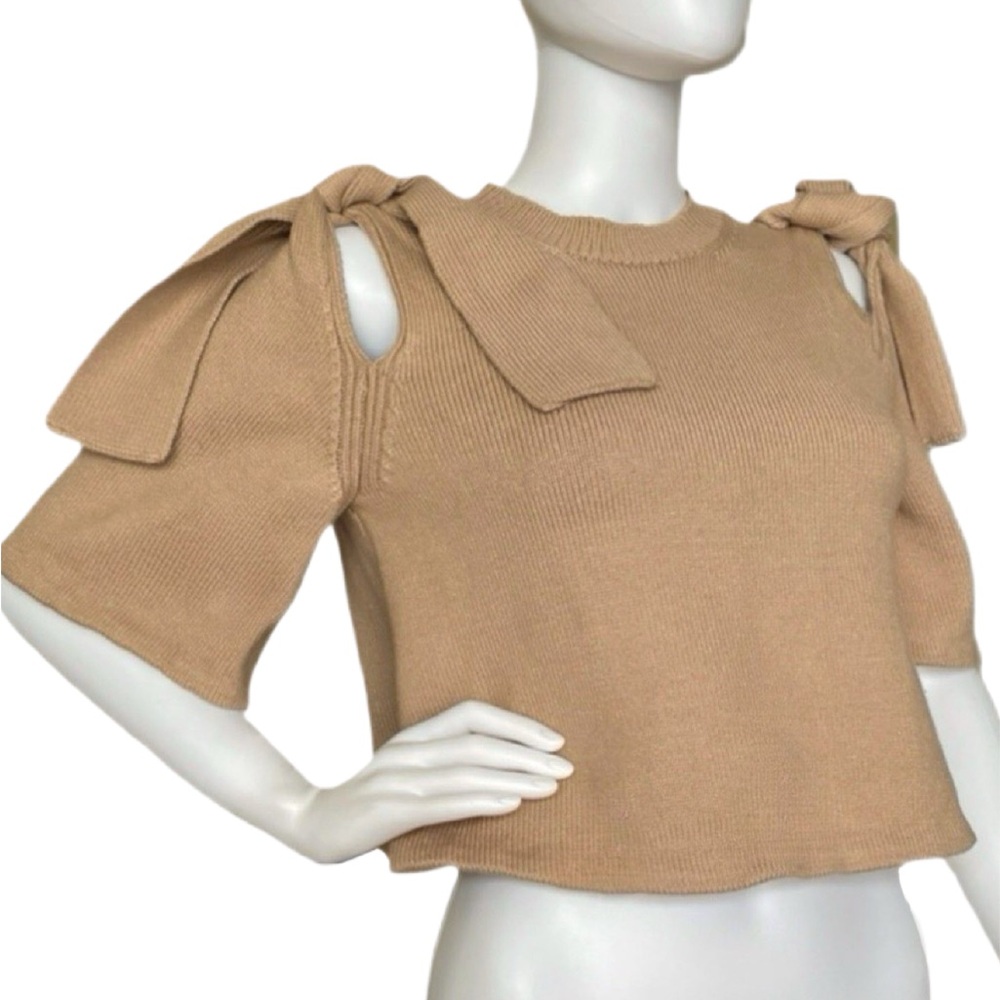 NWOT ADEAM From the Runway Japanese Cutout Tied Shoulder Sweater in Tan size S - Picture 1 of 13